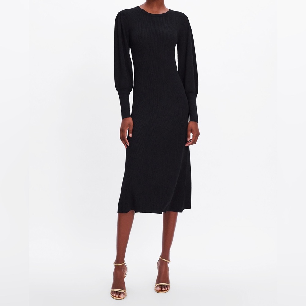 Zara Ribbed Knit Midi Dress Black S